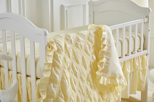 Image of Ruffled Crib Bedding Set Baby Boho Quilted Comforter with Fitted Sheet and Bed Skirt - Cute Soft Breathable Seersucker Ruffled Shabby Chic Bedding Soft Blanket Design - Yellow