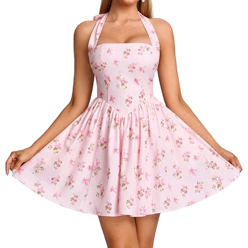 Image of Parthea Women's Floral Halter Mini Corset Dress Sleeveless A Line Flowy Cute Party Graduation Dress
