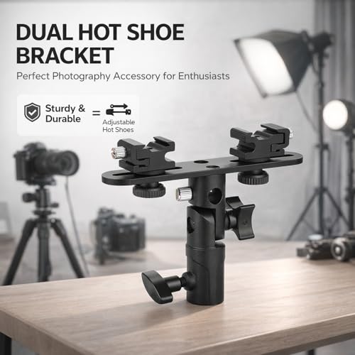 Image of Dual Hot Shoe Flash Bracket Mount Holder, Adjustable Metal Camera Video Accessory - Sturdy Durable Design, Umbrella Holder Jack, Photography Equipment