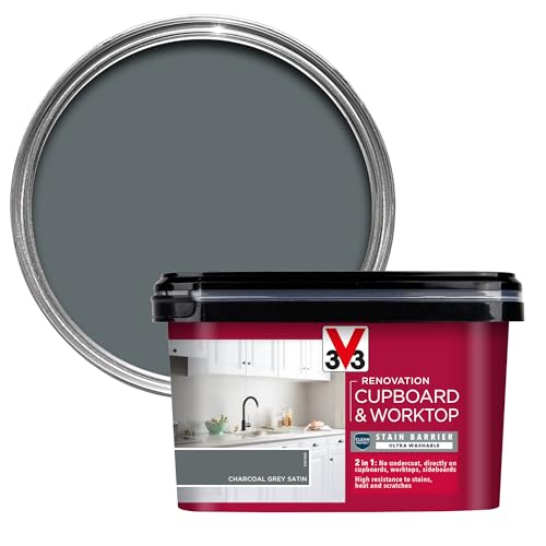 V33 Renovation Cupboard & Worktop Paint - No Undercoat Needed - High Resistance to Water Stains & Scratches - Ultra Washable - Charcoal Grey Satin 2L