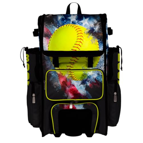 Boombah Superpack Hybrid Rolling Bat Bag - Wheeled & Backpack Version - USA Softball Vintage Black/Red/Optic Yellow