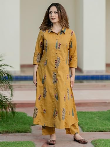 Image of Arayna Women's Pure Cotton Printed A-Line Kurta Set with Pants | Button-Down Collar Kurta