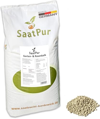 SaatPur Rasenkalk - 20 Kg für ca 400 qm - Gartenkalk gegen Moos und saure Böden - Magnesiumkalk - Magnesiumkalk als gekörnter Rasen-Kalk-Granulat für einfaches Ausbringen auch mit Streuwagen