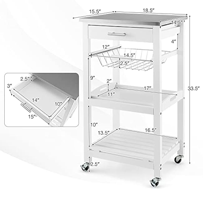 Kitchen Rolling Cart with Stainless Steel Table Top, Drawer, Metal Baskets & Wooden Tray, Wood Storage Cart on Wheels, Modern Serving Cart for Restaurant, Hotel (White)-0QFSERsv