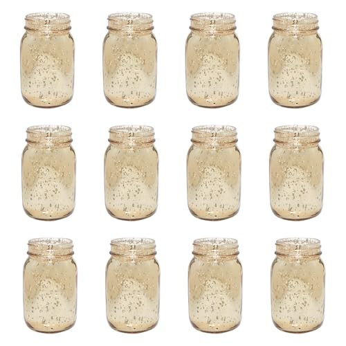 Fun Express Gold Mason Jars 12 Pack - Premium Glass Mason Jar Set for Wedding Centerpieces, Table Decorations & Party Events | Decorative Vintage-Style Vases for Flowers, Home Decor & DIY Projects