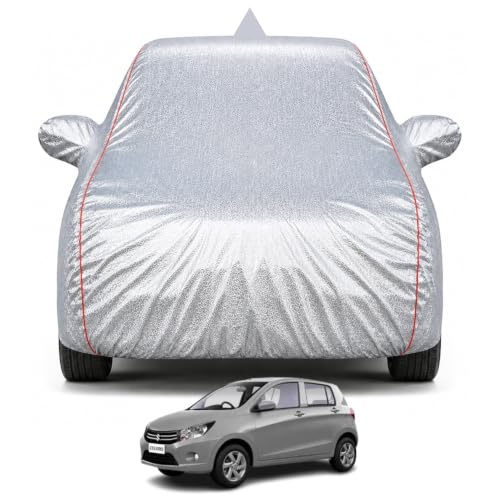 Image of Compatible With Maruti Celerio 2014-2020 Models 100% Waterproof Car Cover for All Weather Protection Mirror & Inner Cotton Triple Stitched Cover, Adjustable Belt Bottom Elastic (Metalic Silver)