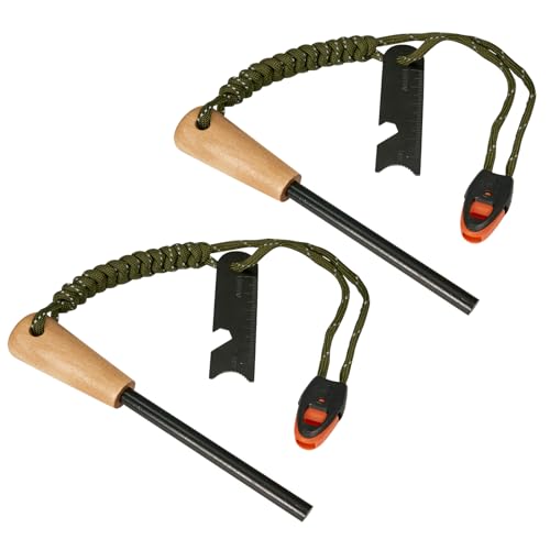 2 Pack Ferro Rod Fire Starter Survival Tool, Flint and Steel Fire Starter Kit 6-in-1 Multi-Tool, Firestarter Striker with Paracord Lanyard and Wooden Handle for Campfires, 3.5″(Long) x 5/16″ (Dia.)