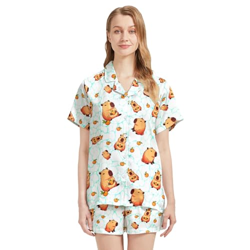 Image of Funny Pajamas for Women Set Print Satin Loungewear Pjs Short Sleeve Button Down Top and Shorts Sets Sleepwear XS-3XL