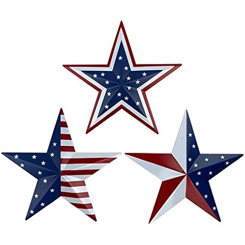 Metal Barn Star Art - American Flag Patriotic 9-Inch Star Wall Decoration, Wall Mount 3D Barn Star Decor July of 4th Decoration, Set of 3 Cover