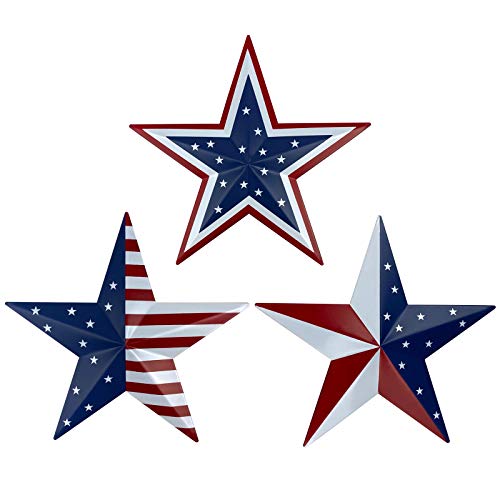 Metal Barn Star Art American Flag Patriotic 9 Inch Star Wall Decoration Wall Mount 3D Barn Star Decor July of 4th Decoration Set of 3
