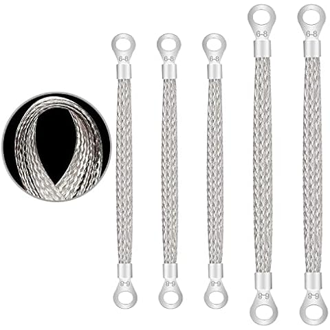 Hmknana 5PCS Ground Strap Automotive,2 Sizes 10" x 1/2" and 13" x 1/2" Tinned Copper Braided Ground Straps,Universal Vehicle Engine Grounding Cable Straps with 5/16" Ring Terminal for Most Cars Cover
