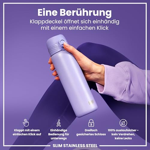 ion8 Leicht Stahl-Trinkflasche, 600 ml, Nicht Isoliert Auslaufsicher, Einhandöffnung, Sichere Verriegelung, Spülmaschinenfest, Klappdeckel… – Ansicht 3