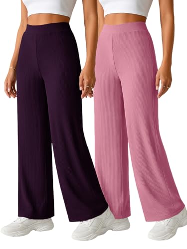 Image of Pinkmint Women High Waist Ribbed Wide Leg Trousers | Stretchable Palazzo Pants |Casual Lounge Travel Office Elastic Waist Flared Pants