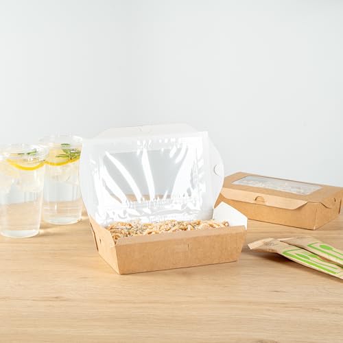 Restaurantware Cafe Vision 35 Ounce Food Boxes 200 Greaseproof Baked Goods Gift Boxes - Built-In Clamshell Lid 2 Windows Kraft Paper Brownie Boxes For Meals And Desserts