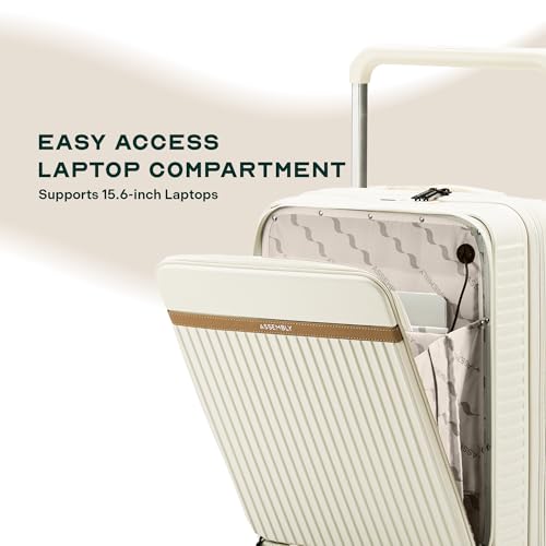 Image of Assembly Cabin Suitcase with External Laptop Pocket up to 15.6'' & 8 Spinner Wheels, Premium Polycarbonate Hard Shell Carry On Luggage for Adventure Travel, White, 20-Inch
