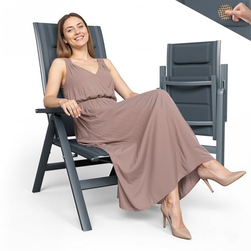 TRIUMPHKEY Gartenstuhl mit hoher Rückenlehne, 2er-Set, klappbare Campingstühle aus Aluminium mit Polstern, 5-Fach verstellbare Rückenlehne, wasserfest und rutschfest, atmungsaktiver Komfort, hellgrau