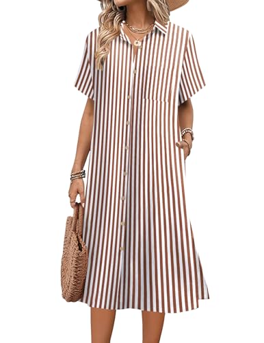 Image of HOTOUCH Womens Dress Summer Casual Midi Short Sleeve Button Down Shirt Dresses Loose Beach Cover Up with Pockets
