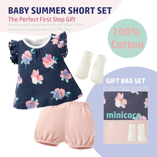 Baby Girl Short Sets 0-24 Months,3-Piece Short-Sleeve Dress, Shorts & Socks,Soft Cotton, Breathable Summer Outfits3