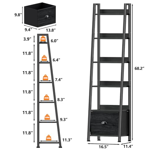 Image of Furologee 6 Tier Ladder Shelf,Ladder Bookshelf with Drawer,Industrial Tall Bookcase,Storage Rack Organizer,Wood Metal Freestanding Shelves for Living Room, Home Office, Bedroom,Black Oak
