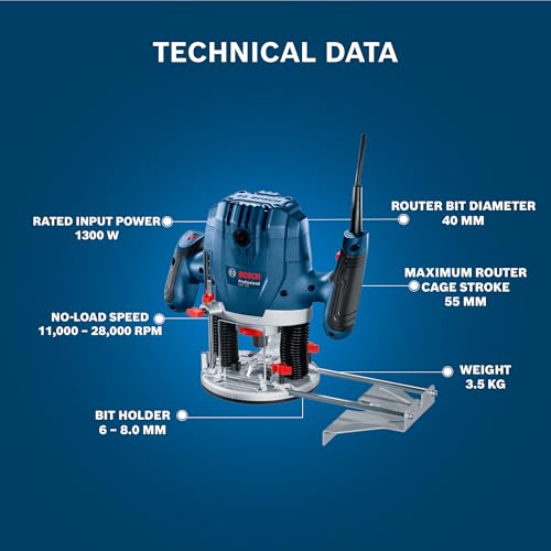 Bosch GOF 130 Corded Electric Router, 1,300W, 8 mm Bit, 28,000 rpm, 40 mm, Variable Speed, Restart Protection, Constant Speed, 3.5 kg + 8 Bosch Accessories, 1 Year Warranty