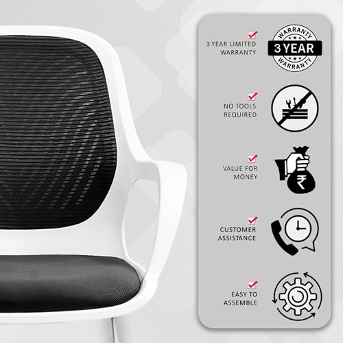 Image of ROSE Zaria | 3 Years Brand Warranty | Ergonomic mesh mid-Back Office Chair, Perfect for Study, Work from Home, revolving, Rolling Computer Desk Chair (White & Black, Visitor)