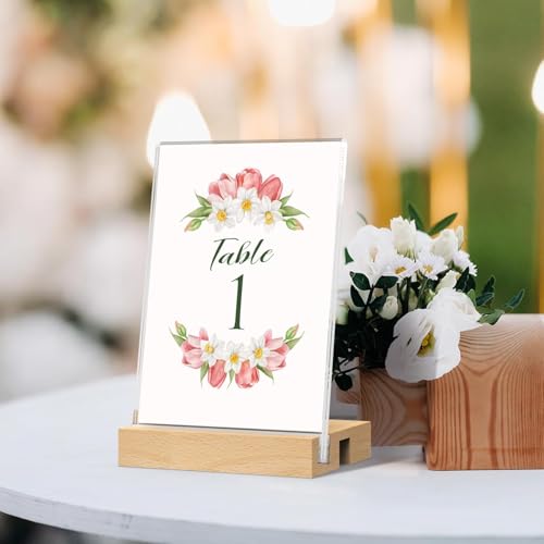 Image of Desi Rang Acrylic Signage Holder With Wooden Base (4X6 In (A6), Straight /Slant Placing, 2 Side, Pack Of 3) Clear Display Table Sign Picture Frame Flyer Menu Stand Office Wedding Restaurant Hotel Home