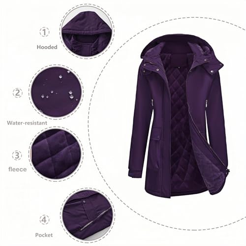 Weste Hundesport Damen Leichte Anorakjacke für Damen, Winddicht, wasserabweisend, Langer Mantel mit Kapuze und Taschen für den täglichen Gebrauch, Outdoor-Wandern Puffärmel (Purple, XXL)