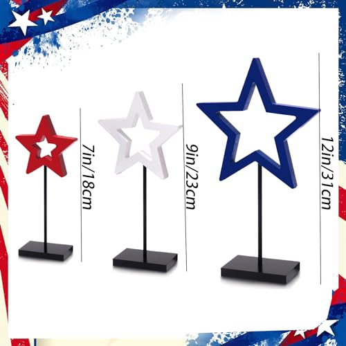 Image of 4th of July Patriotic Table Decoration 3 Pcs Wooden Star Tabletop Tray Decor Star Freestanding Table Wooden Signs for Independence Day Home Party Supplies
