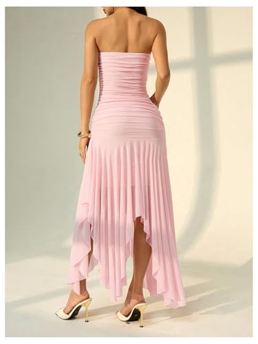 SOLY HUX Women's Sleeveless Strapless Irregular Ruffle Tube Dress Mesh Evening Night Party Long Dresses3