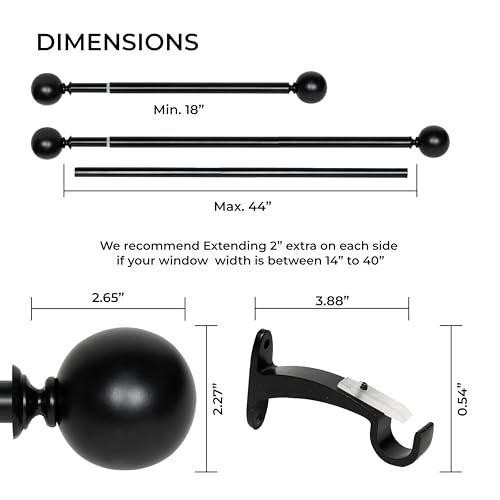 Image of Deco Window 18 inch-44 inch Adjustable Rustproof Curtain Rod for Doors & Windows with Brackets, Extendable Iron Metal Pipe Holder with Ball Finials (Black,19MM Diameter)