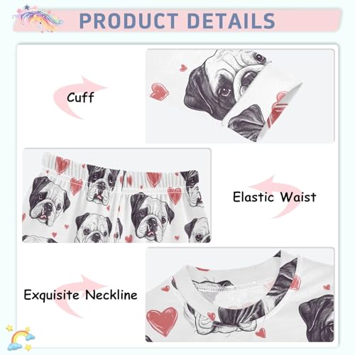 Bulldog Love Heart Pattern Cute Pajama Sets Long Sleeve Top and Pants, Snug Fit Sleepwear for Night Wears4