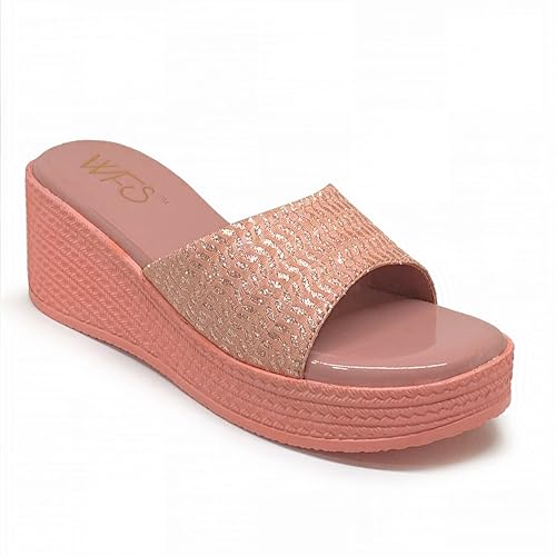 Image of WFS Women's Black 2.5 Inch Wedge Heel Slip-On Fashion Sandals - Shimmer Finish