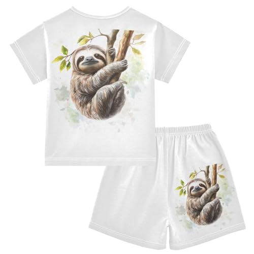 Sloth Branch Leaves White Pajama Set Short Sleeve Summer Pajamas Shorts Sets PJ Clothes Set Soft 5Y2