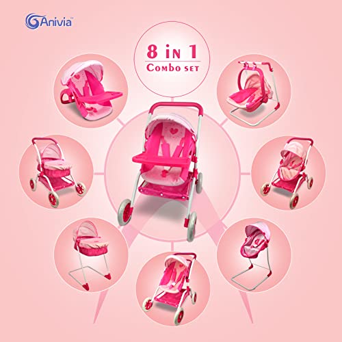 ANIVIA Puppenwagen, Puppenwagen, 8 in 1 Kinderwagen, Puppenwagen & Kinderwagen, Spielzeug, Geschenk für Kinder, geeignete Puppen bis 14 Zoll – Rosa – Bild 7