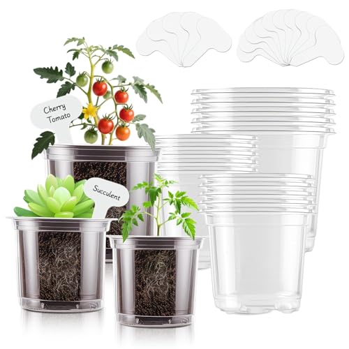 SupKing Clear Nursery Pots 5/4/3.5 Inch Plastic Seed Starter Plant Flower Pot with Drainage Holes for Transplanting Succulents Cuttings Seedlings 15 Labels (12Pcs)
