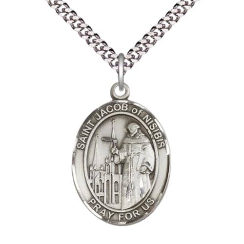 Saint Jacob of Nisibis Medal Necklace– Men's Sterling Silver Pendant with 24-Inch Light Chain and Gift Box, Catholic Religious Necklace - Made in USA
