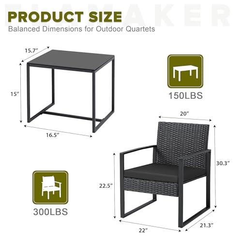 Flamaker 3 Pieces Outdoor Patio Wicker Furniture Set, Modern Rattan Chair Conversation Sets with Coffee Table for Yard and Bistro (Black) - Image 6