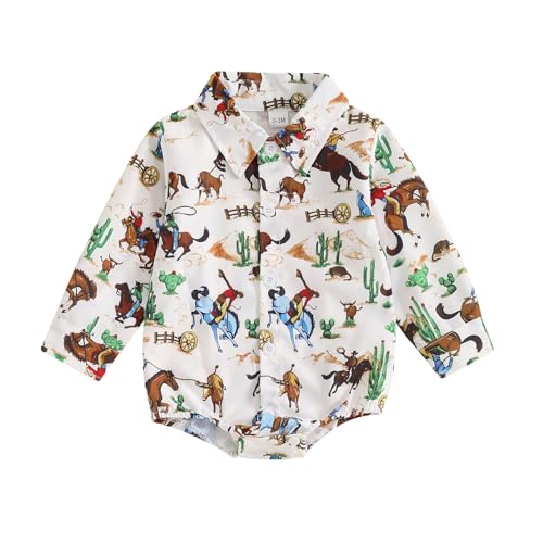 Image of Pybcvrrd Western Newborn Baby Boy Outfit Cow Horse Print Shirt Romper Long Sleeve Button Down Bodysuit Fall Gentleman Clothes (White, 3-6 Months)