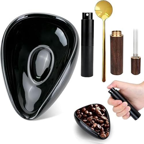 4Pcs Bean Dosing Cup Spray Bottle For Espresso Espresso Stirrer and Spoon Set Ceramic Vessel Tray Single Dose Measuring Kit Coffee Bar Accessories Lover Gift (Black)