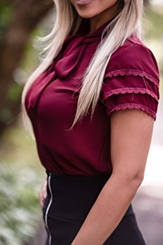 Blusa Feminina Social Moda Evangelica Detalhe Laço Renda M/40, Marsala/Bordô