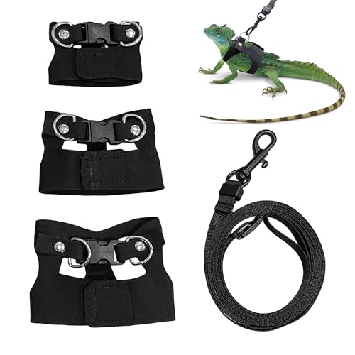 Bearded Dragon Harness and Leash Set, 3 Size Adjustable Soft Leather Reptile Leash, Lizard Harness with Retractable, Small Animal Outdoor Walking Vest with Traction Rope, 3 Pack, Black