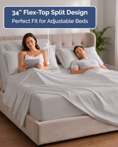 Image of Extra Deep Flex Top Split Head King Sheet Set - 6 Piece Breathable and Cooling Sheets - Hotel Luxury Bedding for Women, Men, Kids & Teens - Easy Secure Fit - Extra Deep Pockets - Light Grey