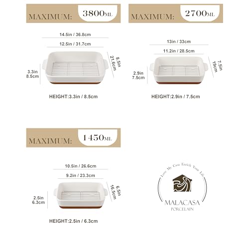 MALACASA Ceramic Baking Dish Set with Roasting Racks, 1.45/2.7/3.8L Deep Casserole Dishes for Oven, Rectangular Lasagne Dish with Handles, Set of 3, Khaki White (14.5"/13"/10.5"), Series Tara