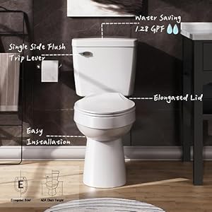 White 2-piece Elongated Toilet with Standard 12-in Rough-in, ELLAI Powerful Single Flush 1.28 GPF ADA Chair Height Toilet (Seat Included) White 2 piece Elongated Toilet with Standard 12 in Rough in ELLAI Powerful Single Flush 128 GPF ADA Chair Height Toilet Seat Included