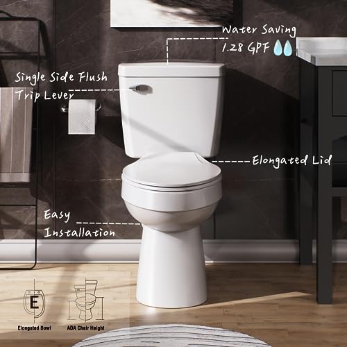 White-2-piece-Elongated-Toilet-with-Standard-12-in-Rough-in-ELLAI-Powerful-Single-Flush-128-GPF-ADA-Chair-Height-Toilet-Seat-Included White 2 piece Elongated Toilet with Standard 12 in Rough in ELLAI Powerful Single Flush 128 GPF ADA Chair Height Toilet Seat Included