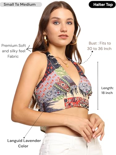 Image of KE KANHA EXPORTS Halter Neck Wrap Top|top for Women|Backless Tops for Women|Halter Neck Tops|Adjustable wrap Waist|Boho Beach Border Print|Easily fits S-M|Bust30-36Inch|LengthUpTo 18Inch