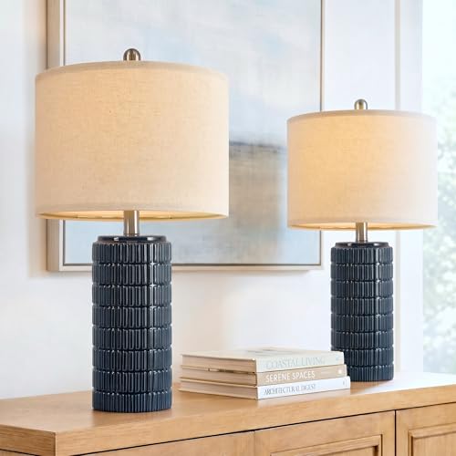 Image of PoKat 23 inch Blue Table Lamps, Farmhouse Bedside Lamps for Bedroom Set of 2, Ceramic End Table Lamps for Living Room, Traditional Nightstand Desk Lamps, Medium