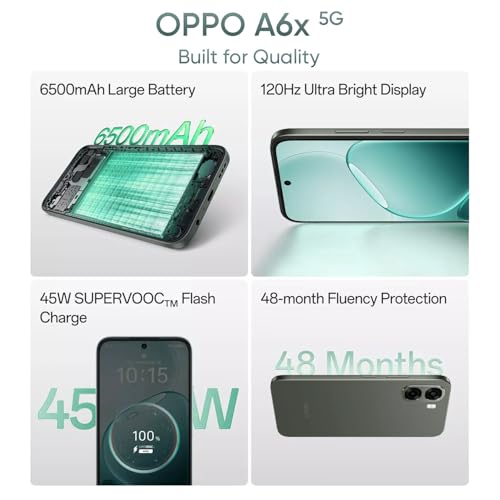 Image of OPPO A6x 5G Smartphone 4+128GB Green, 6.7-inch, 120Hz Ultra Bright Display, 6500mAh Battery, 45W SUPERVOOCTM Fast Charge, 5MP Front Camera & 13MP Rear Camera, Mediatek Dimensity 6300, IP64
