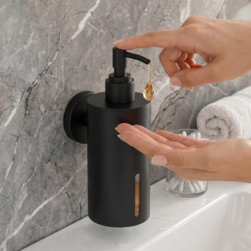 Image of Premium Matte Black Stainless Steel Liquid Soap Dispenser for Bathroom and Kitchen - Wall-Mounted Rustproof Hand Soap Pump Bottle with Visible Level Window, Sleek Modern Bathroom Accessories