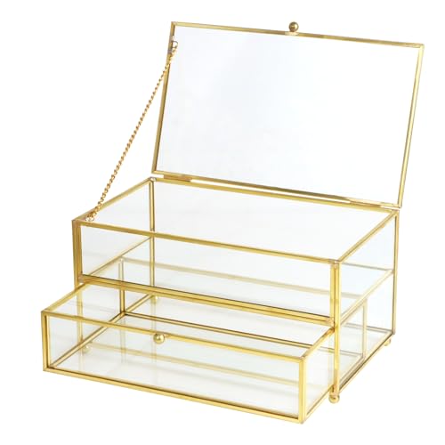 ZEXALOR 2-Tier Vintage Clear Desk Organizer with Drawer Gold Decorative Storage Boxes Jewelry Holder Display Tray Trinket Boxes Glass Memory Keepsake Box Dresser Vanity Wedding Decor Gifts(Gold)